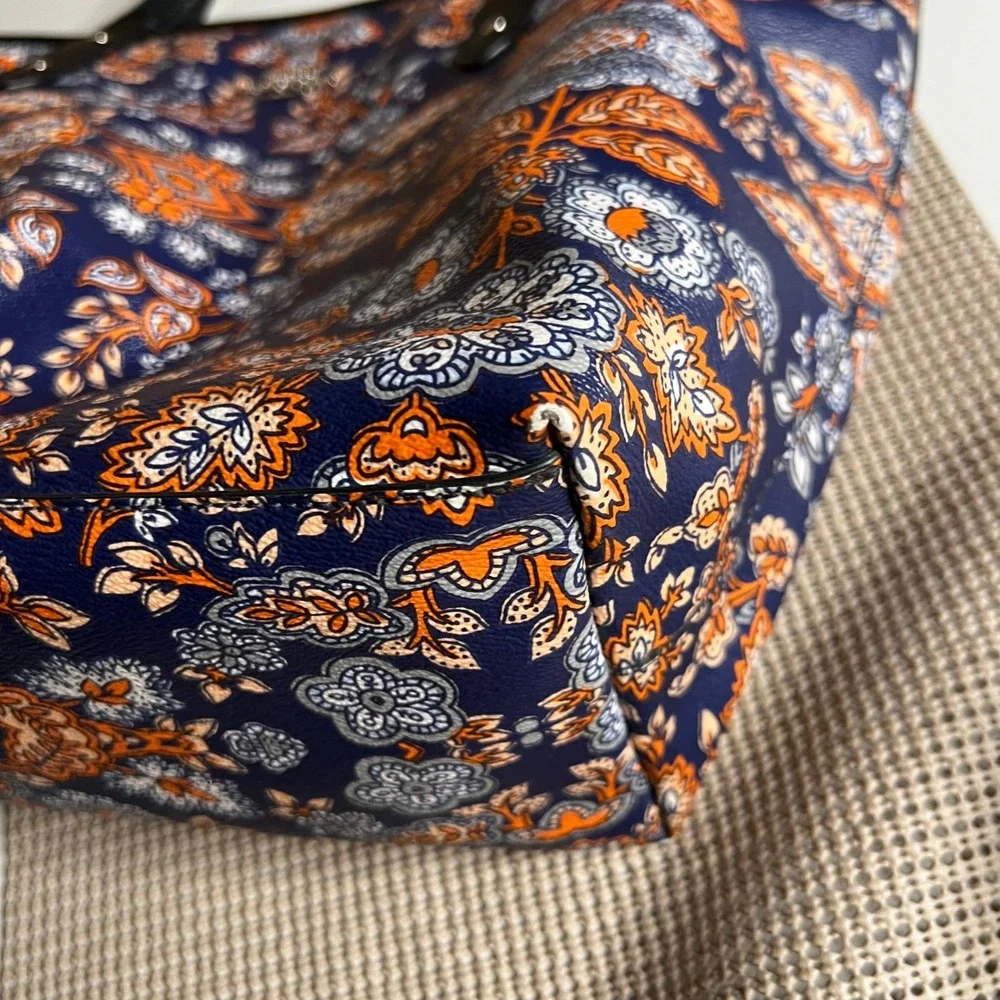 Coach Kaleidoscope Floral Print Zip Top Tote Navy Crossgrain Leather F11823